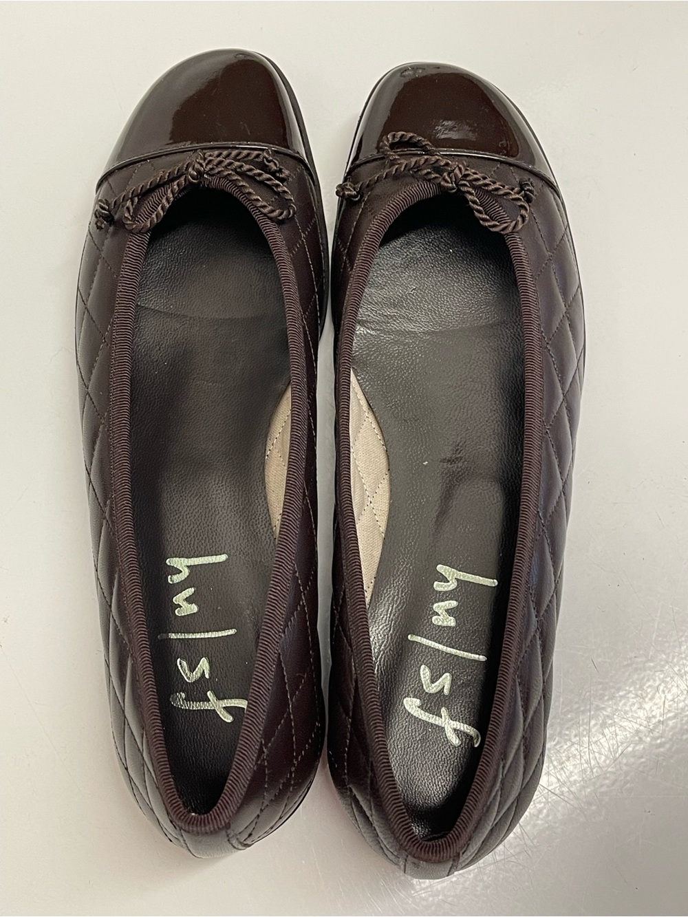 FS/NY French Sole Deep Brown Quilted Leather Patent Cap Toe Ballet Flats 6